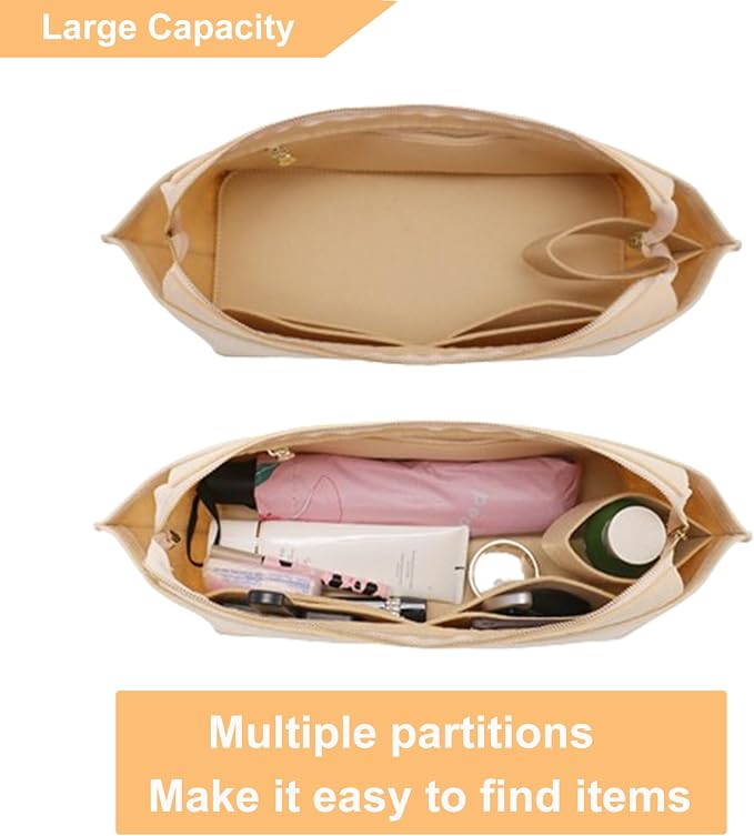 Doxo Purse Organizer Insert for Handbags, Felt Neverfull MM Organizer Insert with Cover, Tote Bag Organizer with Zipper Pocket and Bottle Holder, Fit Neverfull MM and More, Beige-L - Image 5