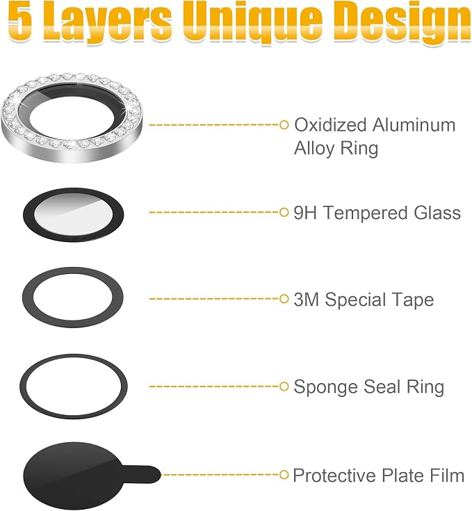 AGVEE 3+3 6 Pack for iPhone 14 Pro & Max Camera Lens Protector Cover | Individual Bling Diamond & Bling Glitter Sparkle Cute Gem Metal Ring, 9H Tempered HD Glass - Image 7