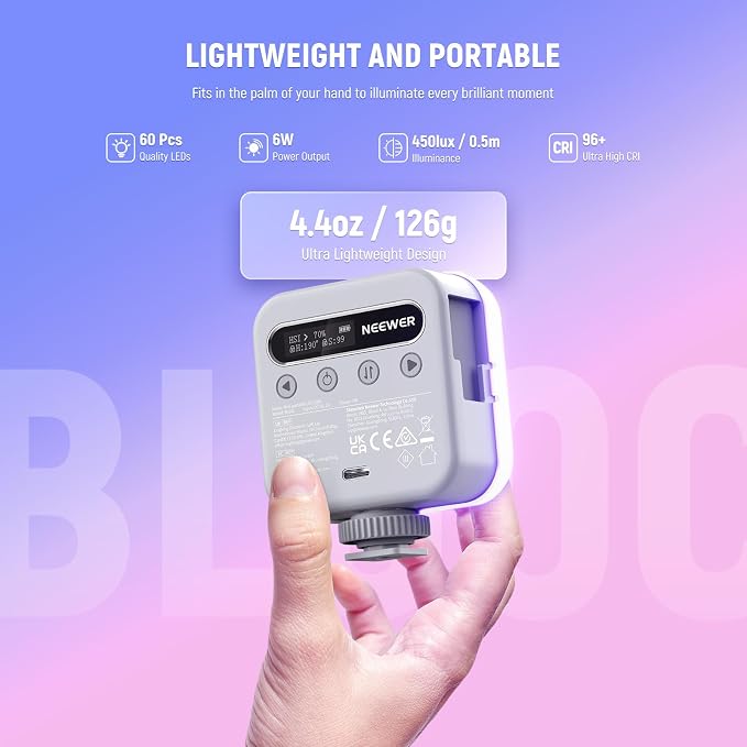 NEEWER Basics Magnetic RGB Video Light, 360° Full RGB Camera Light, BL60C | Mini LED, CRI96+ 2500-9000K 18 Scenes, 3 Cold Shoes, 1/4", 2000mAh Rechargeable, Portable, Selfie Tripod Photography Lighting - Image 3