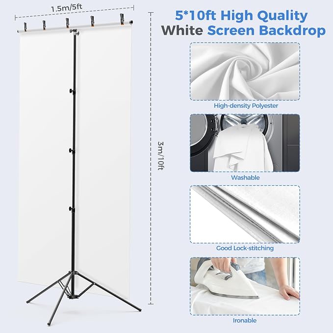 EMART 5 * 10ft White Photo Backdrop Stand Kit with T-Shape Stand | Portable lightweight T-shaped metal stand for easy setup，suitable for portrait photography, live streaming, content recording - Image 5