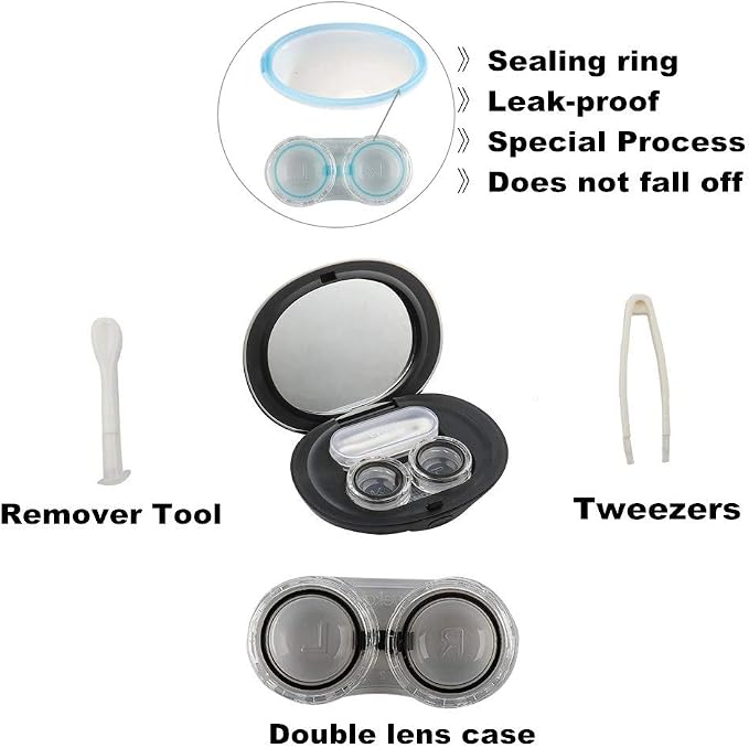 MUDOR Contact Lens Case-Cute Travel Kit with Mirror and Tweezers(Black) | No Leak, Insert and Remover Tool - Image 3