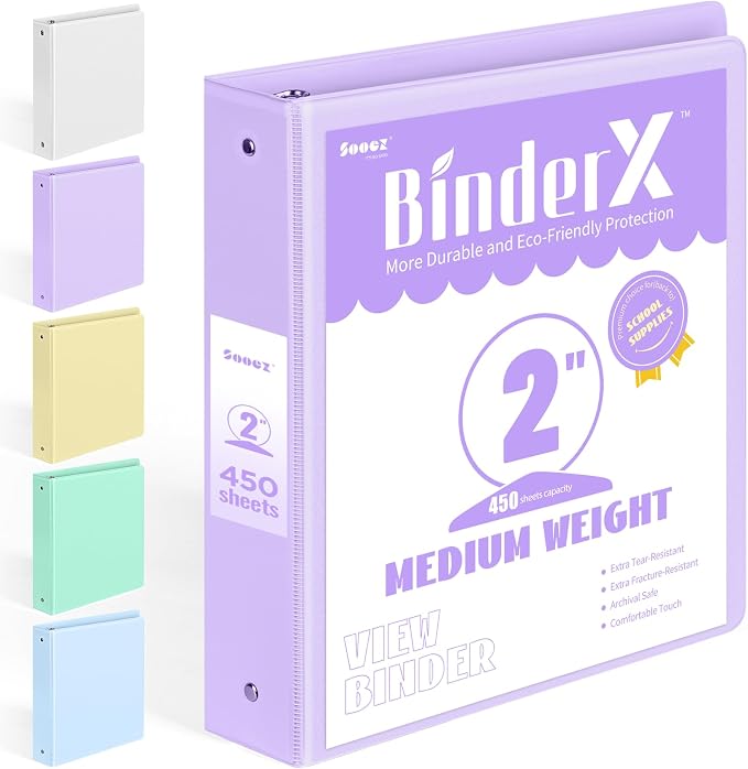 BinderX 3 Ring Binder 2 Inch, 2" Clear View Binder, Lavender, Letter / A4 | Extra Durable, PVC-Free, Customizable, Interior Pockets, 450-Sheet Capacity, Eco-Friendly, Reinforced Hinge, School, Office by Sooez