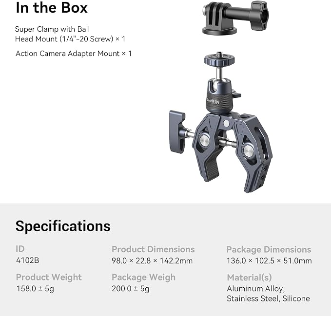 SMALLRIG Camera Mount Clamp, Gopro Motorcycle and Bike Handlebar Mount Kit, Super Clamp for DSLR, Action Camera, Gopro, Insta360, LED Light, Monitor, Max Load 3.5KG - Image 7