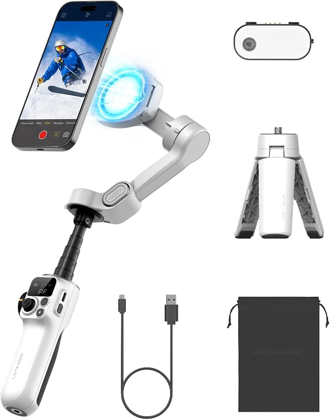 AOCHUAN 3-Axis Phone Gimbal for iPhone, Gimbal Stabilizer with AI Auto 360°Pan Tracking, Built-in Extension Rod, Fill Light, Quick Launch, Magnetic Phone Stabilizer for Video Recording-Smart P2 by AOCHUAN