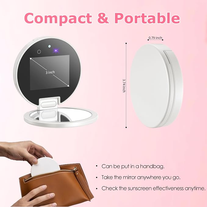 UV Camera for Sunscreen Test with 2X Magnifying Vanity Mirror 3.8 Inch | Rechargeable UV Mirror Sunscreen Camera with Light Handheld Double-Sided Pocket Mirror for Skin Protection(White) - Image 6