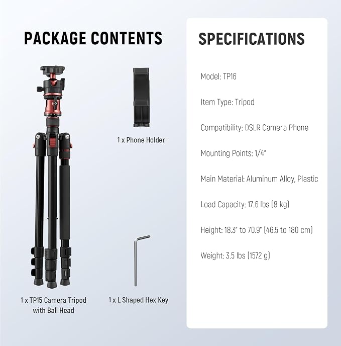 NEEWER Basics 70.9" Camera Tripod Monopod w Center Column/Ball Head, TP16 | Quick Release, Overhead DSLR Cell Phone Holder Stand, Compatible with iPhone, Travel, Video Recording, 17.6 Lb Max Load - Image 7