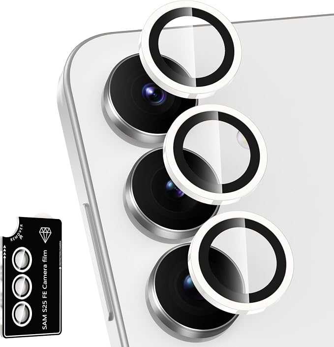 for Samsung Galaxy S25 FE Camera Lens Protector, Individual Metal Ring Tempered Glass Lens Cover, [Strong Adsorption] Scratch Resistant Ultra-Thin HD Clear Lens Cover, 1 Set-White Shine by Btscase