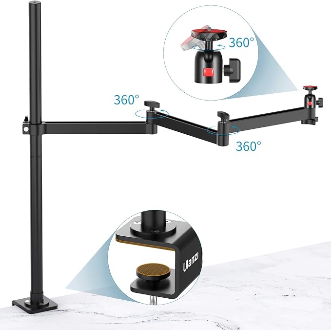ULANZI Aluminum Camera Desk Stand Overhead Mount with Flexible Arm | 27.6in Center Shaft, 29.5in Extending Arm, Load 4.41lb, 3-Stage Adjustment, 360° Ball Head, for DSLR Ring Light Webcam - Image 4