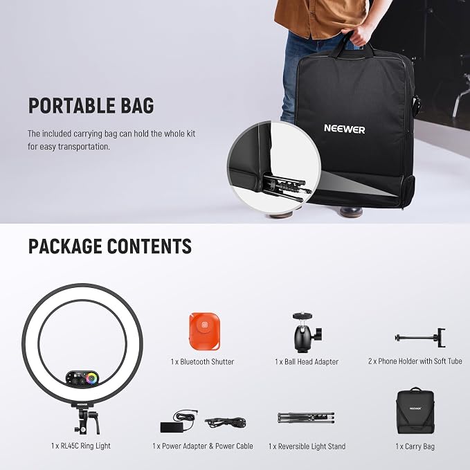 NEEWER RL45C 18" Edge Lit 45W RGB LED Ring Light with Phone Tripod Stand Remote CRI95+ 3100lux/0.5m 2500K–10000K 360° Full Colors App/2.4G Control Compatible with iPhone Selfie Makeup Video Recording - Image 8