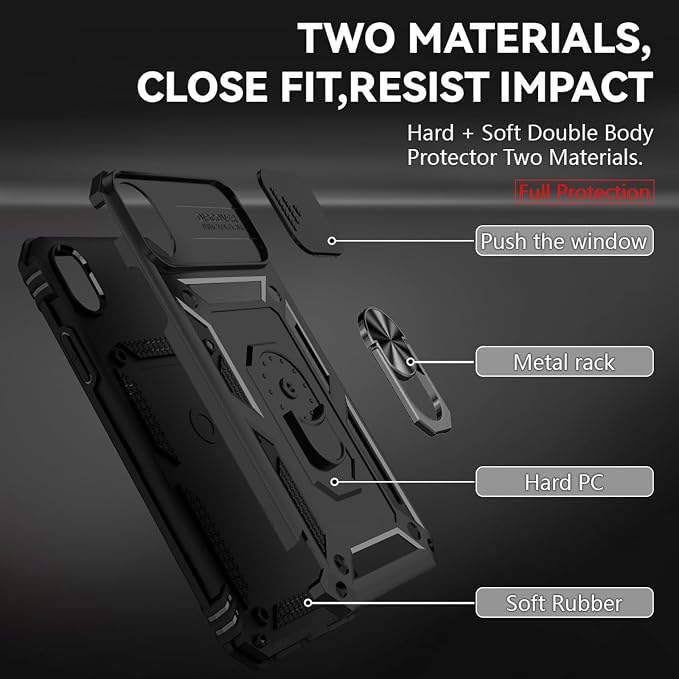 HNHYGETE for iPhone XR Phone Case with HD Screen Protector: [Military Grade 20ft. Drop Tested] Slide Camera Cover Ring Shockproof Protective Phone Case for - iPhone XR (Black) - Image 5