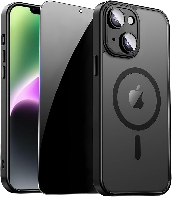 for iPhone 14 Plus Case with Privacy Screen Protector, Black | Full Camera Protection, Translucent Matte Magnetic, Compatible with MagSafe, Shockproof Phone Cover, Slim Fit by ZOZDOKG