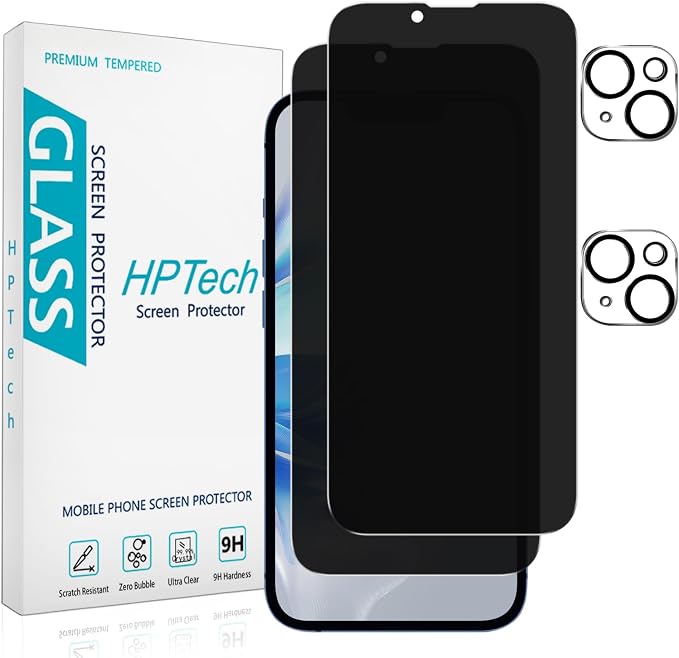 2+2 Pack Privacy Screen Protector for iPhone 13 Tempered Glass | Anti-Spy Privacy Protection, with Camera Lens Protector, Anti Scratch, Bubble Free by HPTech