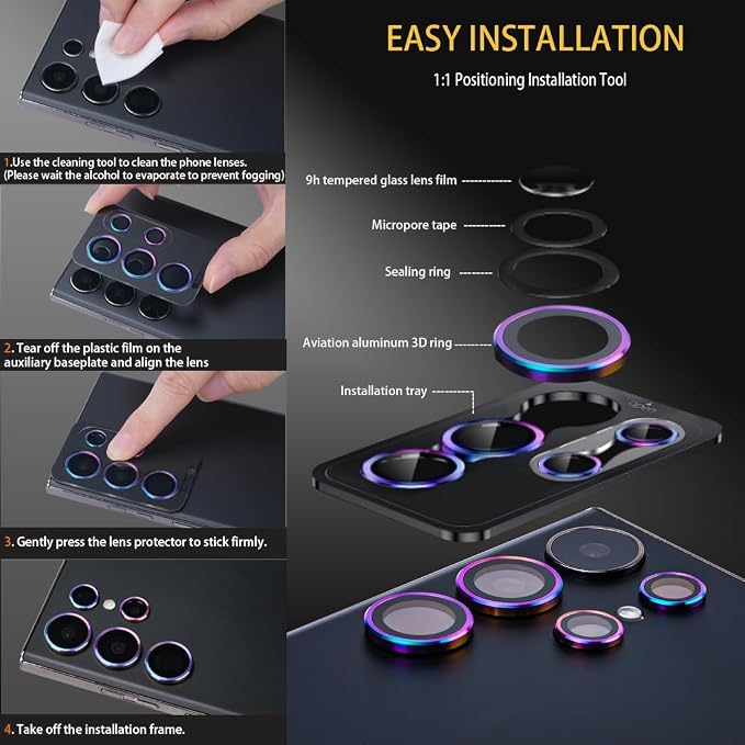 Camera Lens Protector for Samsung Galaxy S24 Ultra, Diamond Silver | Tempered Glass, Auto-align Tray, Easy Installation, Case Friendly, Anti-Scratch, HD Clear, Ultra Slim - Image 6