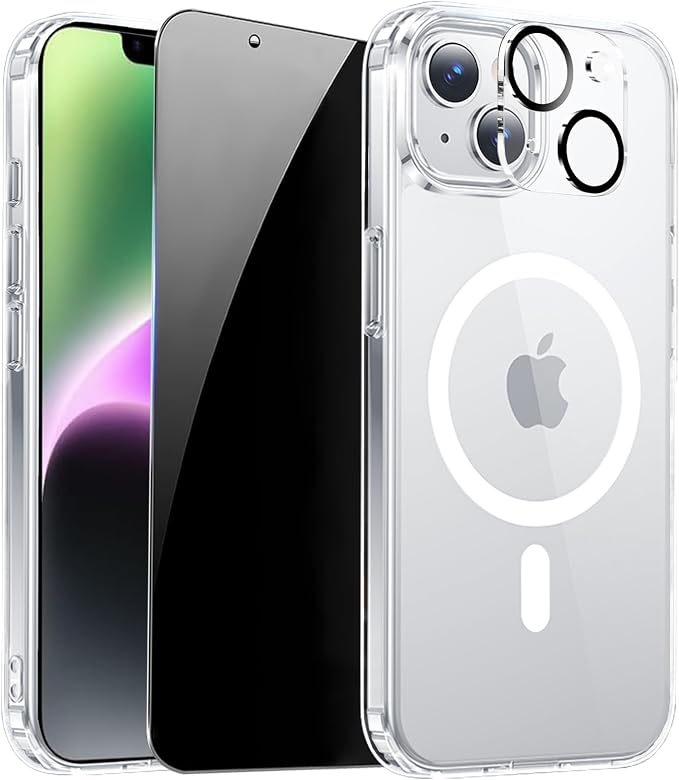 for iPhone 14 Plus Case Clear with Privacy Screen Protector | Full Camera Protection, Transparent Magnetic, Compatible with MagSafe, Shockproof Phone Cover, Slim Fit by ZOZDOKG