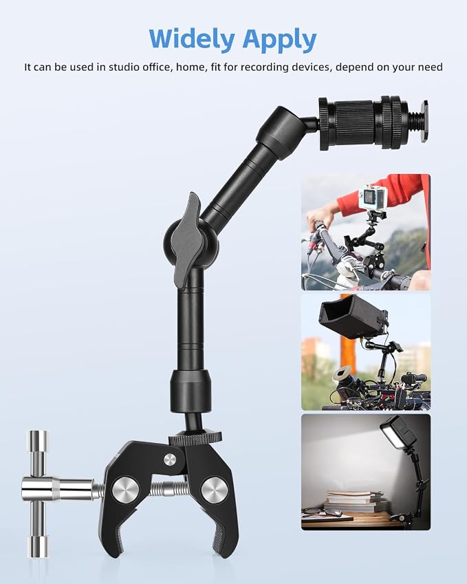 UTEBIT 9 inch Magic Arm with Super Clamp and 360° Ball Heads, Black | Articulating Magic Arm Camera Mount with 1/4" & 3/8" Threads Screws for Monitor,Flash, Microphone, Camera Cage, Action Camera - Image 6