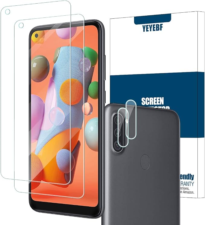 Galaxy A11 HD Clear Tempered Glass Screen Protector + Camera Lens Protectors, [2+2 Pack] [3D Glass] [Anti-Glare] [Bubble-Free] Screen Protector Glass For Samsung Galaxy A11 by YEYEBF
