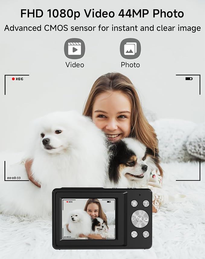 Digital Camera for Kids, FHD 1080P 44MP Point and Shoot Digital Camera with Face Detect, Smile Capture, 16X Zoom, 20 Filters, Anti Shake, 32GB SD Card Blcak Compact Vintage Camera for Kids Boys Girls - Image 2