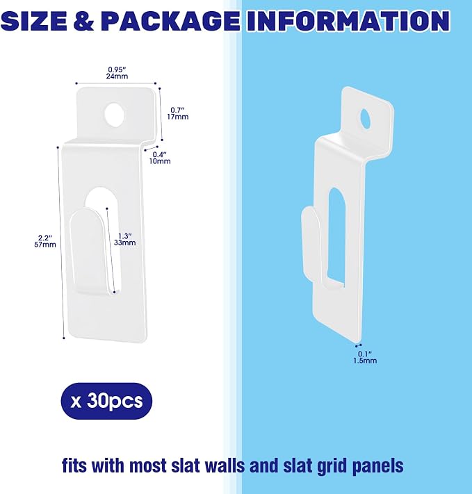 30Pcs Slatwall Utility Notch Hooks, Slat Wall Picture Display Hooks Hanger Panel Shelf Pegboard Slatwall Accessories for Photo Frame Painting Arts Hanging Home Office (White) - Image 2