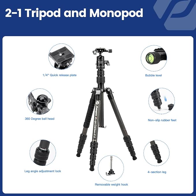 Fotopro 60" Carbon Fiber Travel Tripod for Camera, 2.0lb Ultra-Light, Flexible Center Axis, 360° Pan/Tilt Ball, Arca QR Plate, Max Load 13.6lb - Image 6