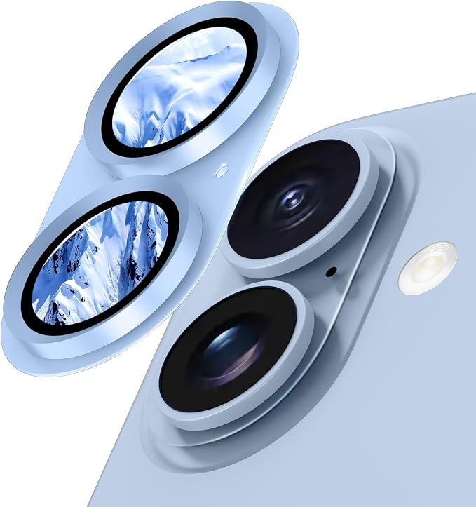 for iPhone 16/16 Plus/iPhone 17 Camera Lens Protector- Light Blue | Aluminum Alloy, Tempered Glass Camera Cover, Nano Reinforced Adhesive, Accessories, Anti-Drop, Anti-Scratch, Case Friendly by WumigooProducts