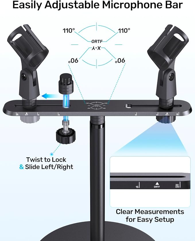 Stereo Array Spacing Mic Stand, Weighted Base & Adjustable Bar for XY/ORTF | Adjustable Positioning Bar with Ruled Markings, Stable Tabletop Mic Stand, Dual Mic Mount Holder for XY/ORTF Studio Recording - Image 2