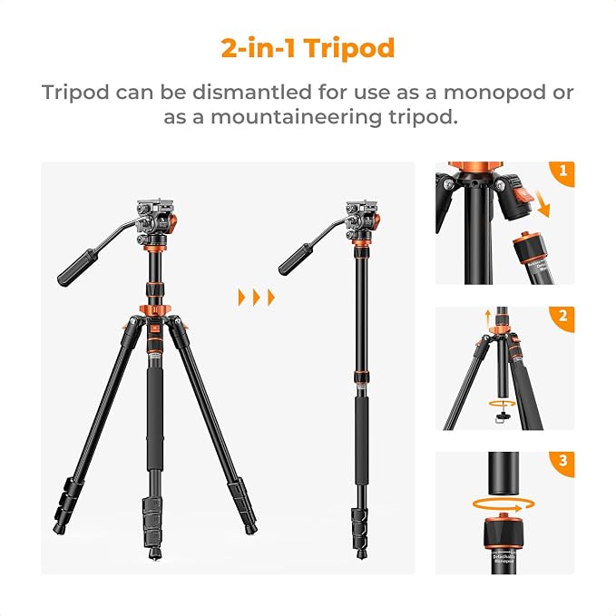 K&F CONCEPT 83" Camera Video Tripod for DSLR | Compact Aluminum, 360° Panorama Fluid Head, Travel, Video, Live Streaming, Vlogging, Payload 11lb, O234A7+FH-03 - Image 6