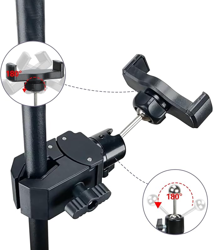 Pole Mount Clamp Phone Holder, Mic Stand Phone Holder with 360° Ballhead & Adjustable Phone Clip, Compatible with Most Smartphones, for Poles, Tabletops Microphone Stand Treadmill, Spin Bike - Image 4
