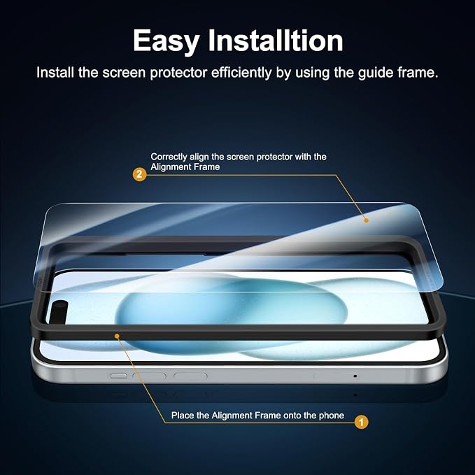 NEW'C 3x for iPhone 15 Screen Protector (6.1 inches)+ 3x Camera Lens Protector, Sensor Protection, Case Friendly Tempered Glass Film + Dust Plug- Easy installation tool include - Image 3