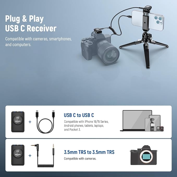 NEEWER KM18 Wireless Microphone with USB C Charging Case OTG 48KHz 24Bit 20H Battery 3.5mm TRS 150m Range Noise Cancelling Mini Lapel Lavalier Mic Compatible with Camera iPhone Android Phone Laptop PC - Image 9