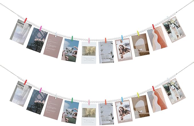KLOGTSIND Hanging Photo Display with Clips, 2PCS Wood Bead Garland Banner | Photo String Banner with 10 Clips for Bedroom Room Dorm Cubicle, Picture Cards Artwork Display, Christmas Teen Girls Gifts by KLOGTSINDDirect