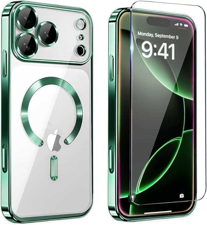 Magnetic Glossy Case for iPhone 17 Pro,iPhone 17Pro Phone Case Slim Clear Luxury with Screen Protector & Camera Protector [Compatible with MagSafe], Shockproof Cover for iPhone Pro 17-Green by Unknown