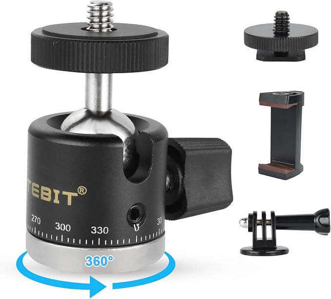 UTEBIT Panoramic Tripod Head with 1/4" Camera Hot Shoe Mount, Black | Mini Ball Head DSLR Camera Mount Adapter Photograph Attachment Accessories for Action Cameras Cam Smartphone Light Microphone by UTEBIT