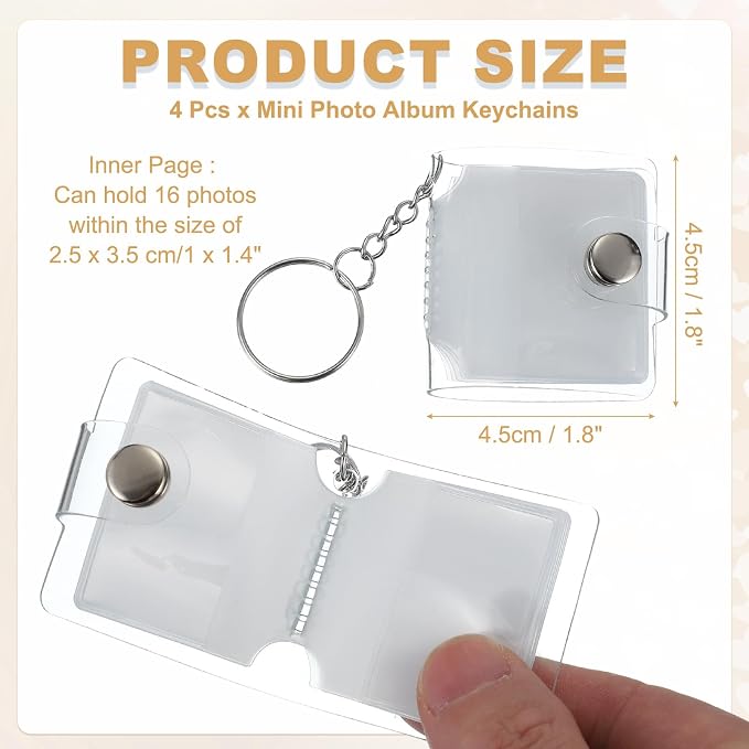 uxcell 4 Pcs Mini Photo Albums, 1.8 Inch PVC Small Photo Storage with Keychain Photo Album with 16 Pockets for Pictures Valentine's Day Gift Wedding, Transparent - Image 2