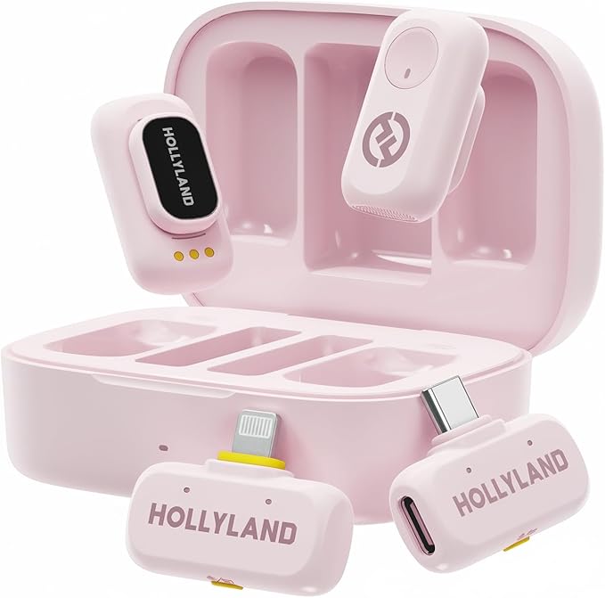 Hollyland Lark A1 Wireless Mini Microphone for iPhone & Android, 48kHz/24-bit, 3-Level Intelligent Noise Cancel, Microphone for YouTube, Podcast, Vlogging (Pink, 2TX + 2RX + Charging Case) by Hollyland