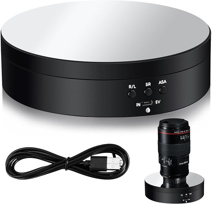 Hicarer 360 Rotating Motorized Display Turntable USB Powered, Black, Mirror | Motorized Turntable for Photography Product Shows, Electric Lazy Susan with Speed Control, USB Power Cable Included by Hicarer