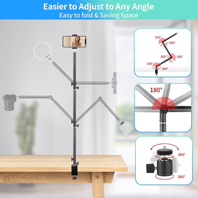 Heavy Duty Overhead Camera Desk Mount Stand 14.5"-41" with 1/4" Screw, 3-Section 360°Rotatable Detachable Articulating Boom Arm with Enlarged Handle C Clamp, Tabletop Light Stand for Streaming Vlog - Image 4