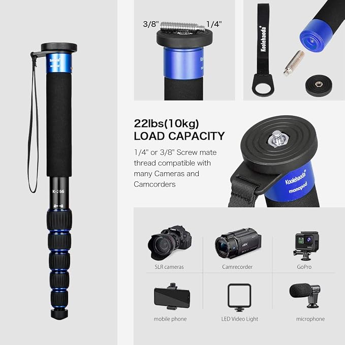 Koolehaoda 6-Section Camera Monopod, Compact Portable Folds to 15" | Aluminum Alloy Unipod Stick, Max Load 22lbs/10kg, Lightweight Travel Photography, for DSLR Mirrorless Camera - Image 2