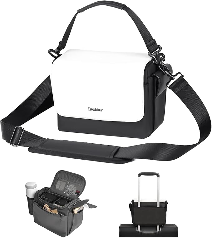 Cwatcun Camera Shoulder Bag, Waterproof Crossbody Case, Compact Photography Backpack, Compatible with Canon/Nikon/Sony/Fuji DSLR/SLR/Mirrorless Camera, Lens and Accessories, White by FocusonCameraBag