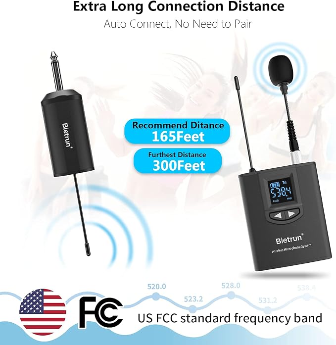Bietrun UHF Wireless Lavalier Lapel Microphone System/Headset Mic/Stand Mic, 165ft Range, Rechargeable Transmitter Receiver, 1/4" Output, for iPhone,Android,PA Speaker,DSLR Camera,YouTube, Recording - Image 2