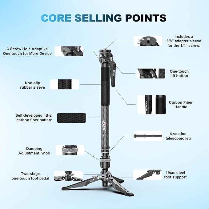 M1 62.8" Carbon Fiber Monopod for Camera, One-Click Lifting Monopod with feet, Compact for Travel, Max Load 44lbs / 20kg for Camera, DSLR, Camcorder - Image 4