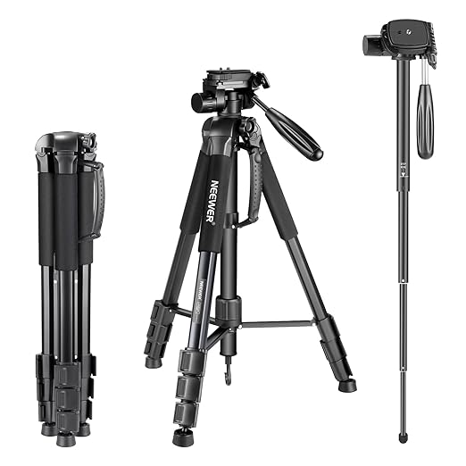 NEEWER Portable Aluminum Alloy Camera 2 in 1 Tripod Monopod Max. 70"/177cm with 3 Way Swivel Pan Head and Carrying Bag for DSLR, DV Video Camcorder (SAB264, Black) by Neewer
