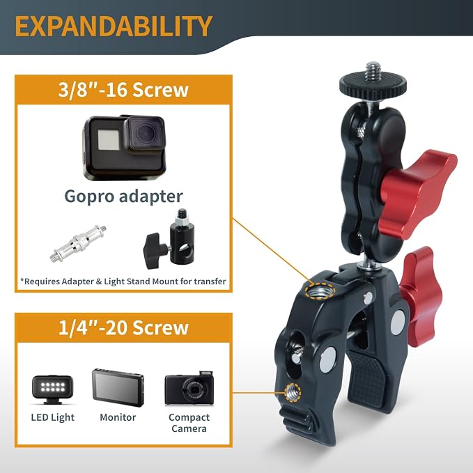 POWERTEC Super Clamp Camera Mount 360° Double Ball Head Adapter with GoPro/Phone Tripod Mount and Tripod Head for Bike, Desk, Mini Projector, Photography Lighting (71925) - Image 7