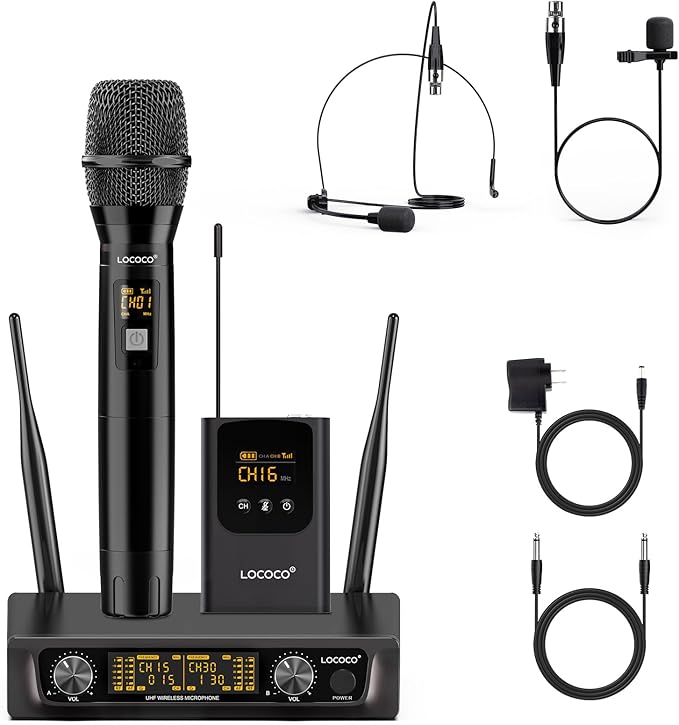 UHF Wireless Microphone System Set: Metal Cordless Handheld/Headset/Lavalier Lapel Mics, Bodypack Transmitter, Receiver - 2*15 Channels 200ft Range for Church, Karaoke Singing, DJ, Wedding, Speech by lococomicrophonesystem