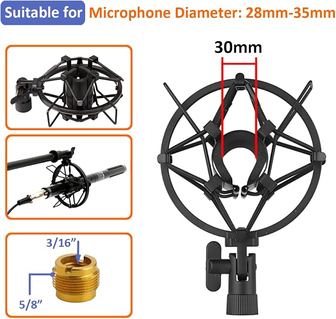 28-35mm Microphone Shock Mount Anti Vibration Mic Suspension Mount Aluminum Alloy Condenser Microphones Holder Clip with Metal Screw Adapter Isolation Absorber Studio - Image 4