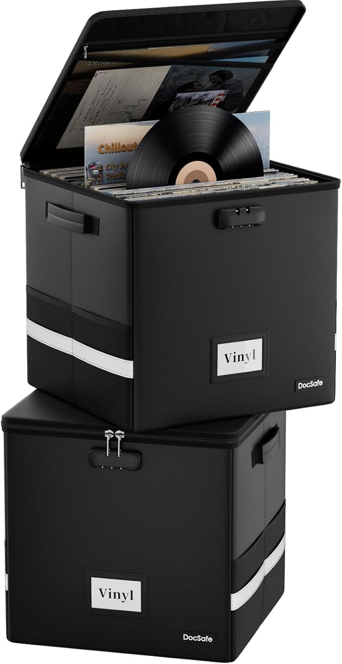 DocSafe Vinyl Record Storage Box with Lock,Fireproof Record Organizer Storage for 100+ Single Records(12-inch), Collapsible Storage Crate with Lid & Handles for Valuable Album Collection,Black,2 Pack by DocSafe