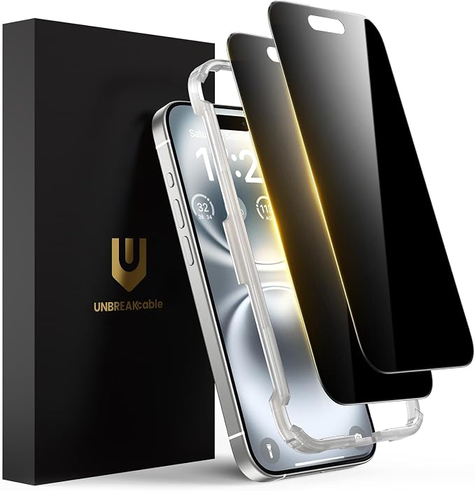 UNBREAKcable Privacy Screen Protector for iPhone 16 Plus, 2-Pack | True 28° Anti-Spy, Shatterproof Tempered Glass, 9H Hardness, Easy Install, Bubble-Free, Anti-Scratch, Case Friendly by UNBREAKcable