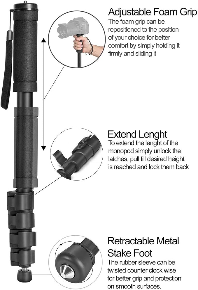 Acuvar Monopod with Integrated Safety Strap and 4 Section Extending Pole for All Digital Cameras, DSLR, Mirrorless, Compact Cameras, Camcorders & Cell Phones (Updated 62 Inch) - Image 3
