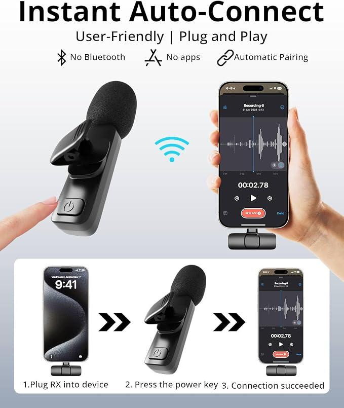 Mini Microphone for iPhone Android - Wireless Lavalier Microphone USB-C Lightning, Noise Cancelling Clip On Mic, 65ft Range, 12H Battery for Video Recording TikTok YouTube Content Creators - Image 7