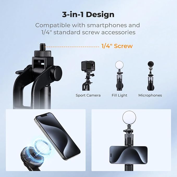 K&F CONCEPT 72" Selfie Stick for iPhone, Phone Tripod with Light | Clip & Magnetic, Light, Remote, 1s Open & Close, Compatible with iPhone 17-12 Osmo Pocket 4/3 Luna Ultra, X97C6 - Image 3