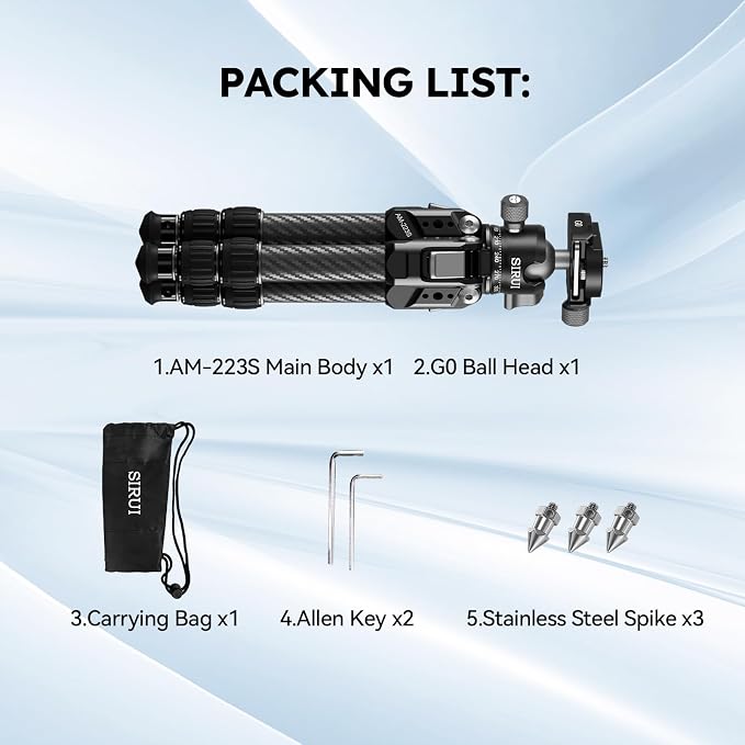 SIRUI AM-223S+G0 Carbon Fiber Mini Tripod Kit, G0 Ball Head, 16.7" | 33LB Load, 360° Panoramic Ball Head, 1.7LB Weight, DSLR, Mirrorless Camera, Desktop, Travel, Compact - Image 8